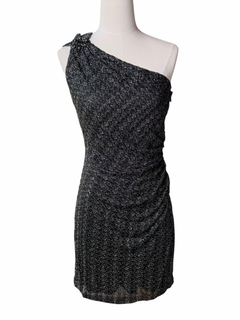 David Meister Black & Silver Lacey One Shoulder Sheath cocktail Party Dress Sz 6